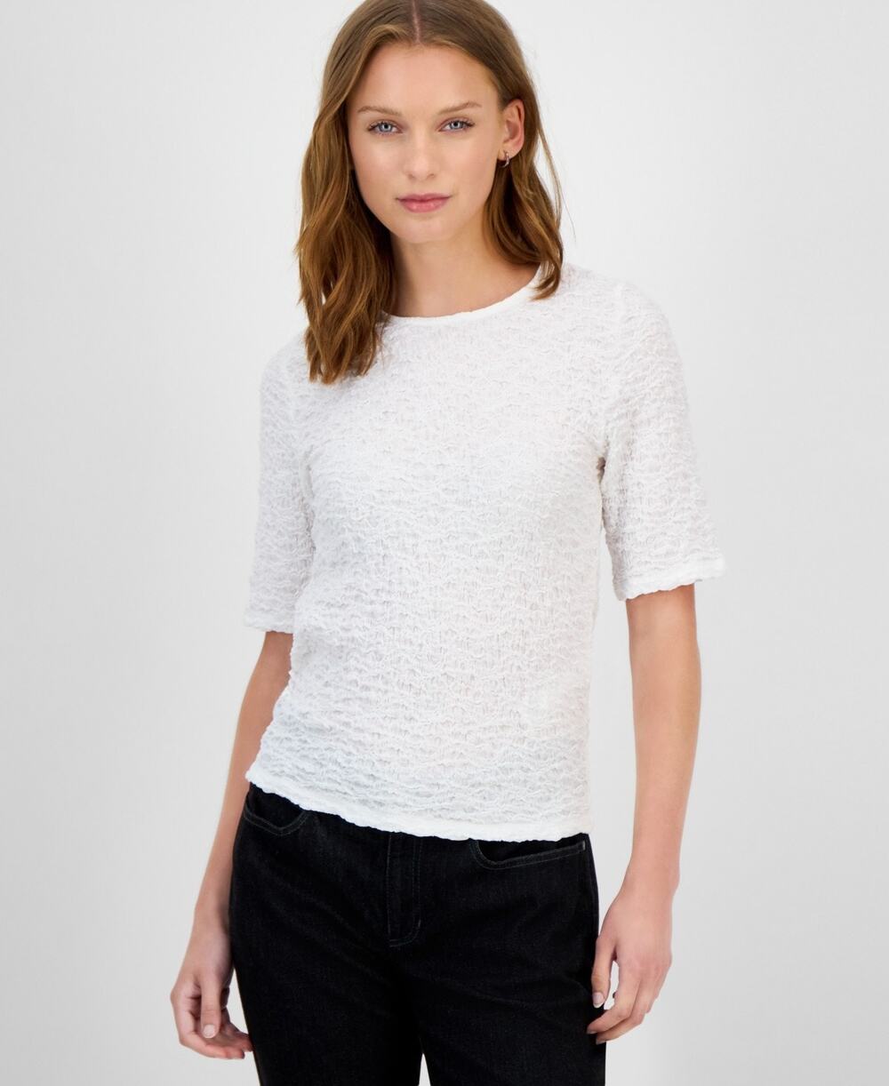 Eileen Fisher Snug Knit Short-Sleeve Crewneck T-Shirt Natural Ivory Medium